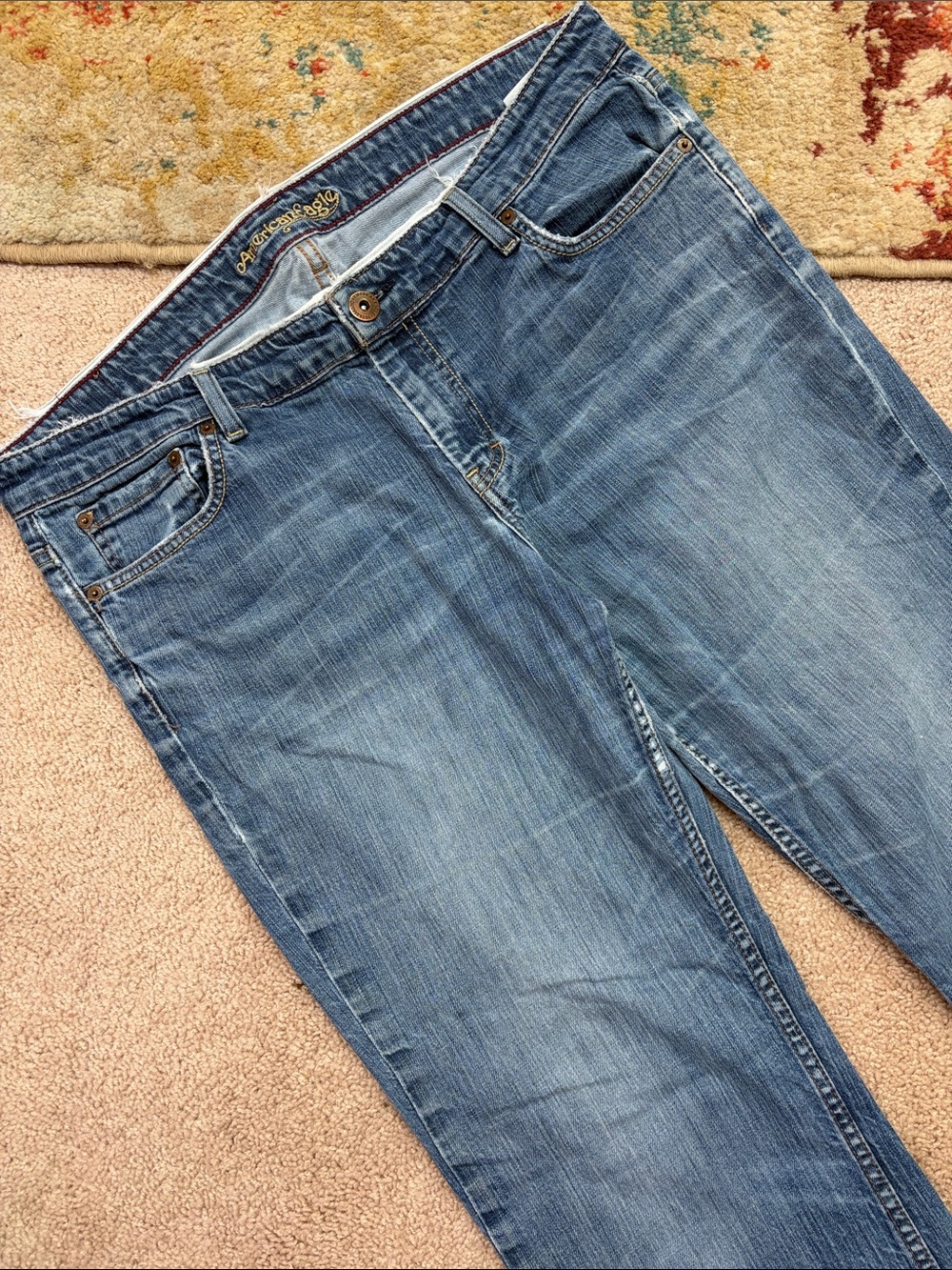American Eagle Vintage Y2K Hipster Bootcut Low Rise Distressed Jeans. 18  Long